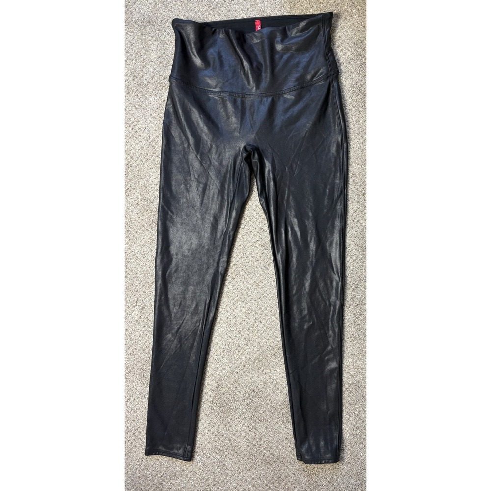 Spanx Faux Leather Leggings Womens Large Petite Mid Rise Black Pull On Stretch - Picture 2 of 8